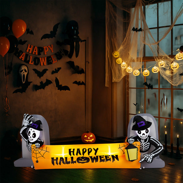 Glowing skeleton Halloween banner in an indoor party display