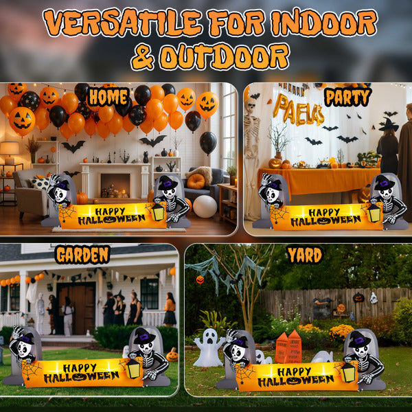 Halloween inflatable banner shown in home, party, garden and yard settings