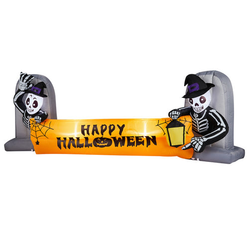 Skeleton Happy Halloween inflatable banner on a white background