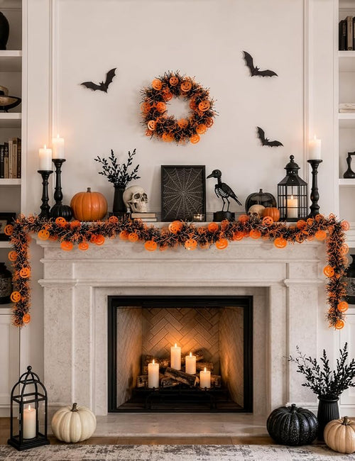 Pumpkin tinsel garland styled across a fireplace mantel