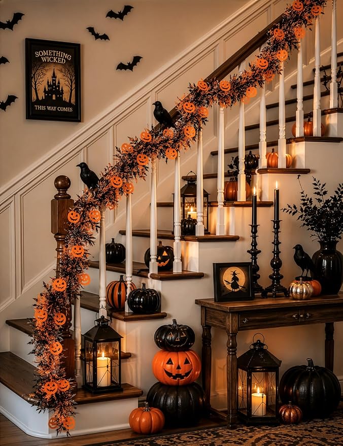 Orange and black pumpkin garland styled on a staircase railing
