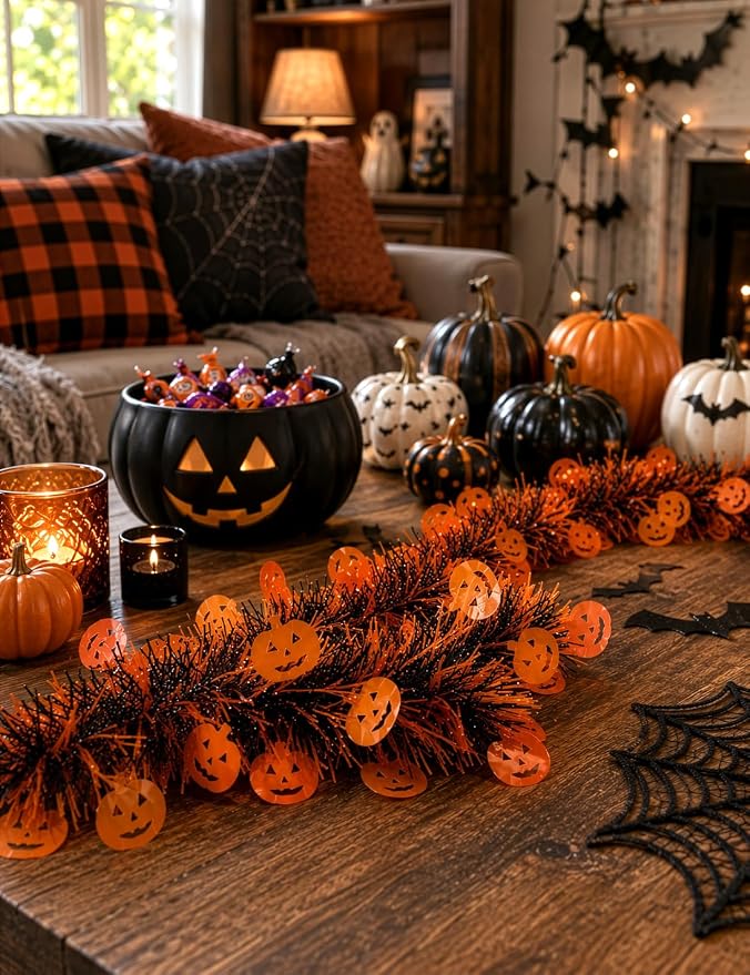 Styled Halloween table with orange and black pumpkin garland and separate decorations